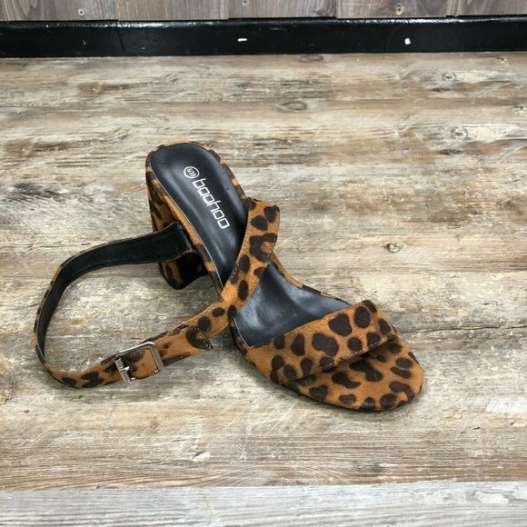 Boohoo Block Heel Leopard Print Sandals Wrap Ankle Size 8 Open Toe Brown Black - Picture 3 of 12